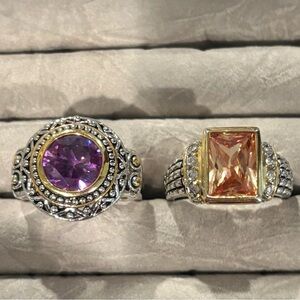 Silver and Gold Tone Rings with Intricate Designs and Vibrant Gemstones